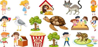 Set of different cute kids and objects vector