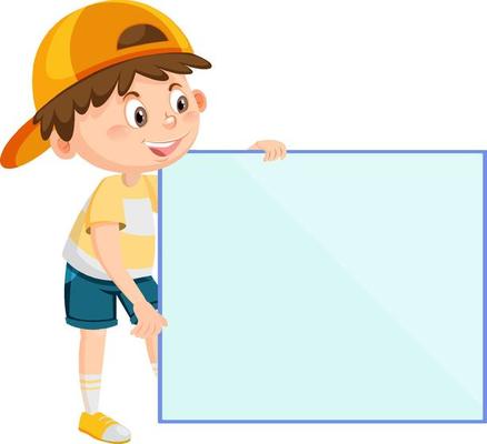 Cute boy holding blank board in cartoon style