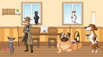 In house scene with dogs drinking wine vector