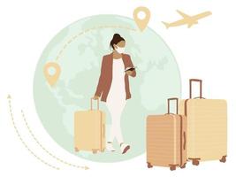 business travel vector illustration of traveling woman.