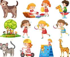 Set of different cute kids and objects vector