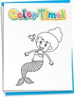 Worksheets template with color time text and mermaid outline vector