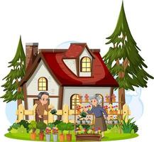 Elderly couple gardening at backyard vector