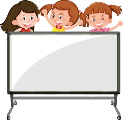 Children with blank board in cartoon style