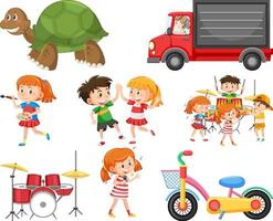 Set of different cute kids and objects vector