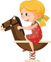 niña de dibujos animados montando en caballo mecedora de primavera vector