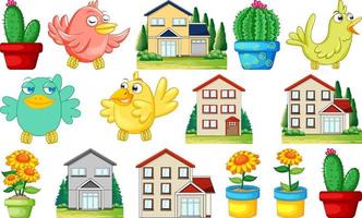 Different house designs and cute birds vector