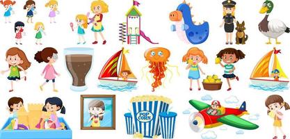 Set of different cute kids and objects vector