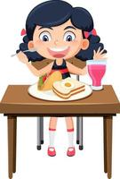 Happy girl enjoy eating food on table vector