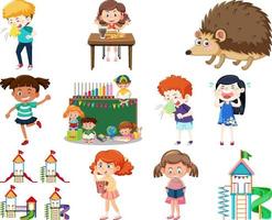 Set of different cute kids and objects vector