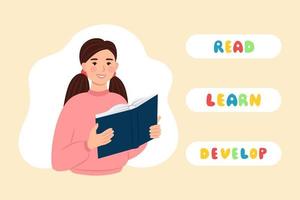 Smiling girl with open book in hands banner. Education and study, vector illustration in flat style