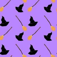 Seamless pattern background of broom and witch hat, Purple Halloween Background Vector illustration