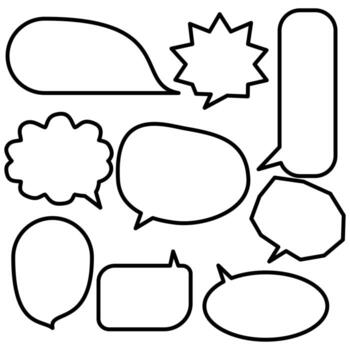 Set of white speech bubbles, empty bubbles with black borders, speaking and talk, communication and dialogue, vector illustrations.
