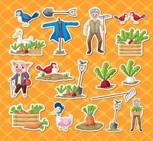 Sticker pack of farm objects and old farmer cartoon characters vector