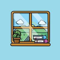 Window View With Plant And Book Cartoon Vector Icon Illustration. Nature Object Icon Concept Isolated Premium Vector.