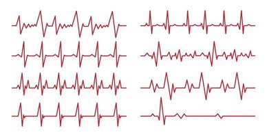 juego de 8 piezas pulso cardíaco - línea roja curva sobre fondo blanco - vector