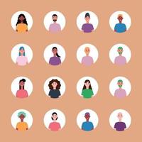Set of 16 circled avatars with the faces of young people. Image of different different races and nationalities, women and men. Set of user profile icons. Round badges with happy people - Vector