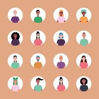 Set of 16 circled avatars with the faces of young people. Image of different different races and nationalities, women and men. Set of user profile icons. Round badges with happy people - Vector