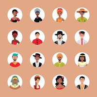 Set of 16 circled avatars with the faces of young people. Image of different different races and nationalities, women and men. Set of user profile icons. Round badges with happy people - Vector