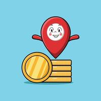 cartoon pin location standing in stacked gold coin vector