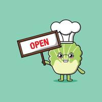 Cute cartoon chinese cabbage holding open sign vector