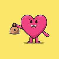 cartoon Crazy rich lovely heart with money bag vector