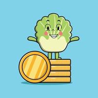 cartoon chinese cabbage stand in stacked gold coin vector