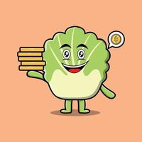 cartoon chinese cabbage hold stacked gold coin vector