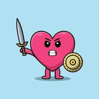 Cute cartoon Lovely heart holding sword and shield vector