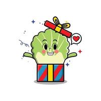 Cute cartoon chinese cabbage out from big gift box vector