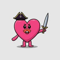 Pirata encantador corazón de dibujos animados con sombrero y espada vector