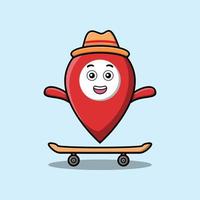 cute cartoon pin location standing on skateboard