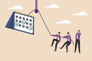 Businessman and team pull up the calendar schedule with the pulley. Schedule and planning concept.  Flat vector illustrations isolated.