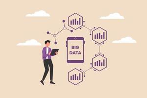 Businessman analyzing big data network on smartphone. Working big data concept. Colored flat vector illustration isolated.