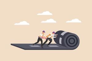 Road construction workers is is laying new asphalt road pavement. Road and building construction concept. Flat vector illustration isolated.