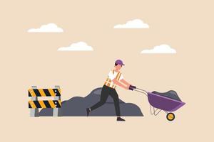 Road construction worker carrying trolley the sand truck. Road and building construction concept. Flat vector illustration isolated.