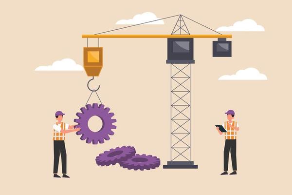 Construction workers use tower cranes to lift gears. Road and building construction concept. Flat vector illustration isolated.