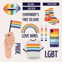 Set of elements of Pride.Holding a flag, a T-shirt, lips, a case, socks, rainbow-colored earrings.   The concept of LGBTQ. Equality and protection of love. vector