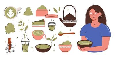 Una mujer joven sirve y bebe té verde matcha. cultura japonesa del té. matcha latte es una bebida saludable. gran conjunto de varios productos de té matcha. ilustración de moda de color vectorial dibujada a mano. vector