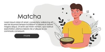 adorable página web con matcha. dibujar a mano la idea del sitio web de la bebida verde. cultura japonesa del té. matcha latte es una bebida saludable. Página principal de la cafetería en colores verdosos. dibujo de polvo de matcha para tu nosotros vector