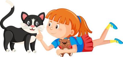 una niña jugando con un lindo gato vector