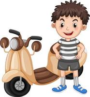 niño de dibujos animados de pie junto a la motocicleta vector