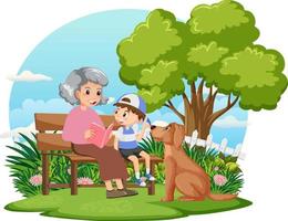 Old woman sitting on bench with her nephew vector