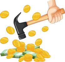 Hand holding hammer with pile of money vector