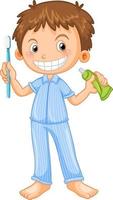 Boy in pyjamas holding toothbrush and toothpaste vector