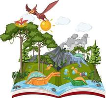 Opened book with various dinosaurs in the forest vector