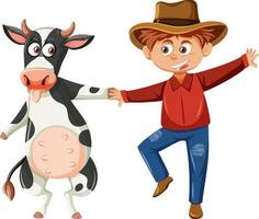 Farmer boy and cow cartoon character vector