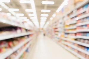 Abstract blur supermarket discount store aisle and product shelves interior defocused background photo