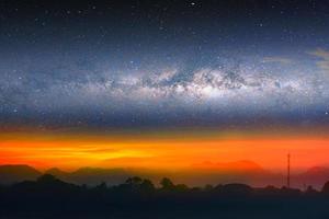 Milky way night landscape colorful sunset light over silhouette mountain photo
