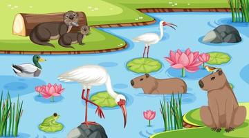 Various animals in the pond vector